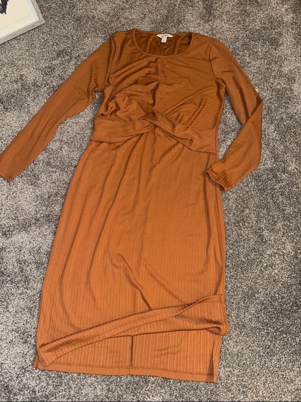 Nine West Rust Twist-Front Long Sleeve Midi Dress